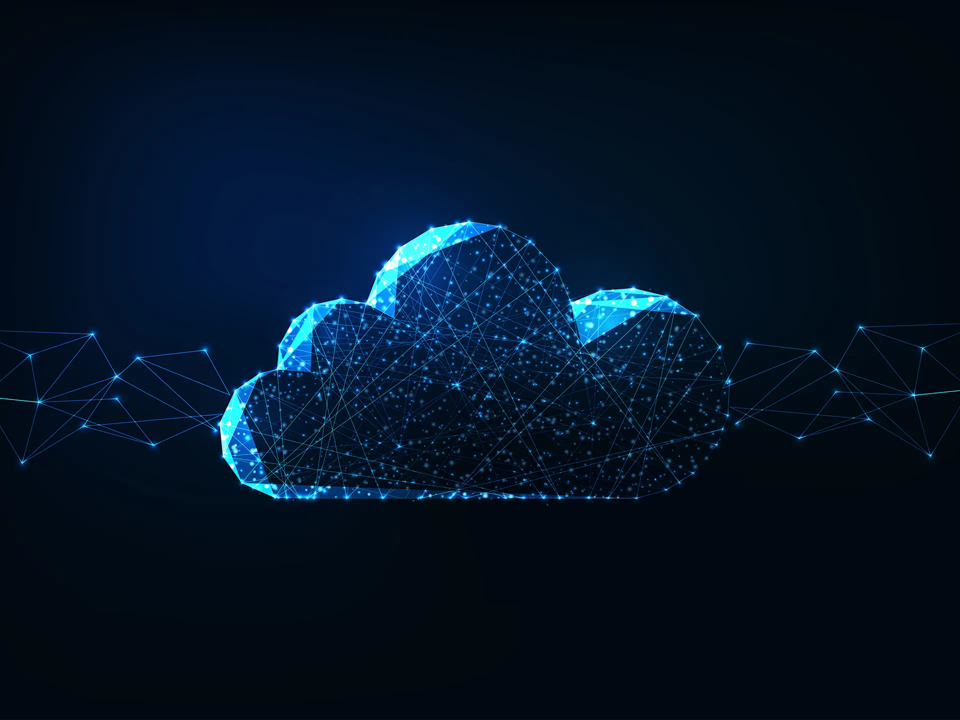 Digital illustration of a cloud composed of glowing blue lines and nodes, symbolizing cloud computing, data storage, and network connectivity on a dark background.